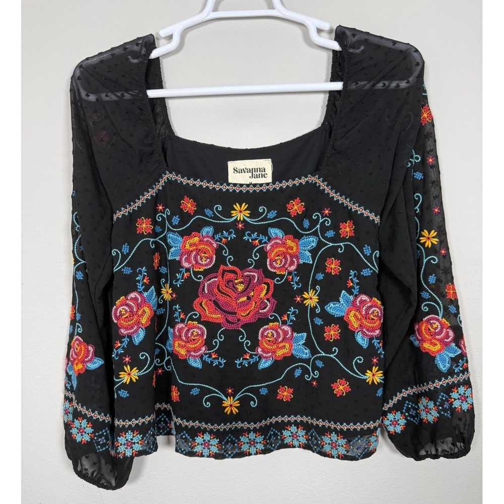 Savanna Jane Embroidered Floral Boho Peasant Top Medium Black Sheer Sleeve